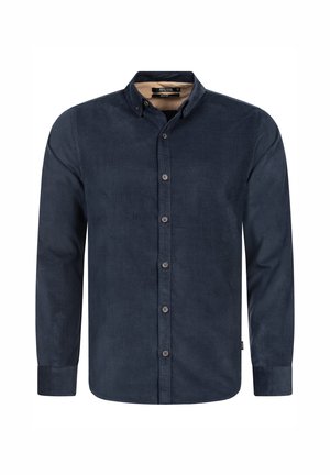 Herren-Langarmhemd in Marineblau mit Knöpfen, knappbarem Kragen und sichtbarem beigen Innenkragenfutter, Größe M.