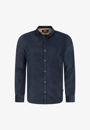 Férfi hosszú ujjú, sötétkék, gombos ing gombos gallérral és látható bézs belső gallérszegéllyel, közepes méretben.