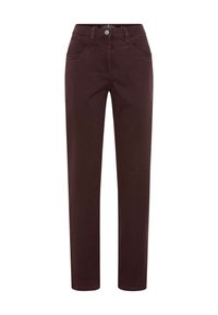 Pantaloni dritti color bordeaux realizzati in morbido cotone, dotati di cinque tasche e chiusura anteriore con bottone. Tessuto liscio senza motivi visibili.