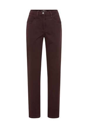Pantaloni dritti color bordeaux realizzati in morbido cotone, dotati di cinque tasche e chiusura anteriore con bottone. Tessuto liscio senza motivi visibili.