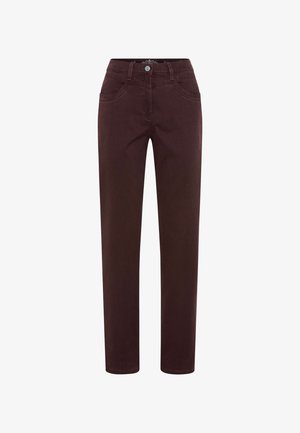 Pantaloni dritti color bordeaux realizzati in morbido cotone, dotati di cinque tasche e chiusura anteriore con bottone. Tessuto liscio senza motivi visibili.