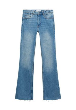 Vaaleansiniset leveälahkeiset farkut, jotka on valmistettu denimistä ja joissa on haalistunut pinta. Housuissa on korkea vyötärö, etutaskut ja raakareuna alaosassa.