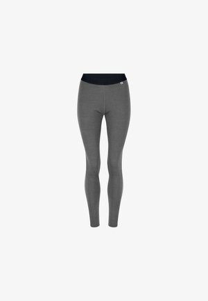 Leggings grigie con design aderente, ampia fascia nera in vita e tessuto morbido, adatti per uso casual o per l'esercizio fisico.