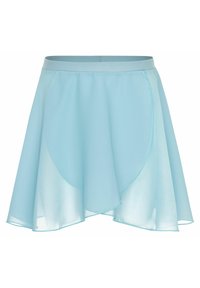 Helles blaues Polyesterrock mit asymmetrischem Saum, der eine weiche, durchscheinende Textur und einen eng anliegenden Bund aufweist.