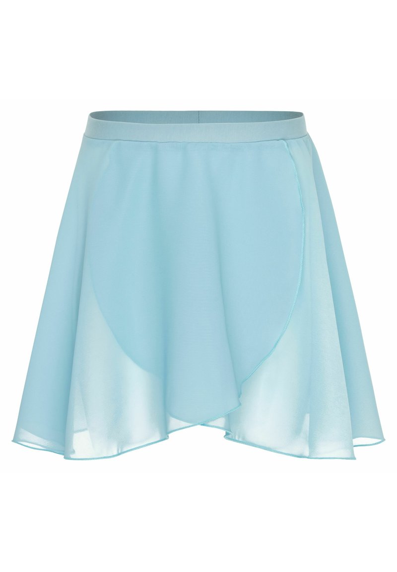 Helles blaues Polyesterrock mit asymmetrischem Saum, der eine weiche, durchscheinende Textur und einen eng anliegenden Bund aufweist.