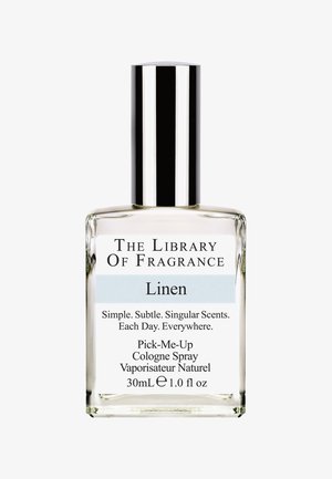 Bottiglia di profumo in vetro trasparente con un tappo argentato, etichettata "Linen." Contiene 30 mL di fragranza, con un design leggero e minimalista.