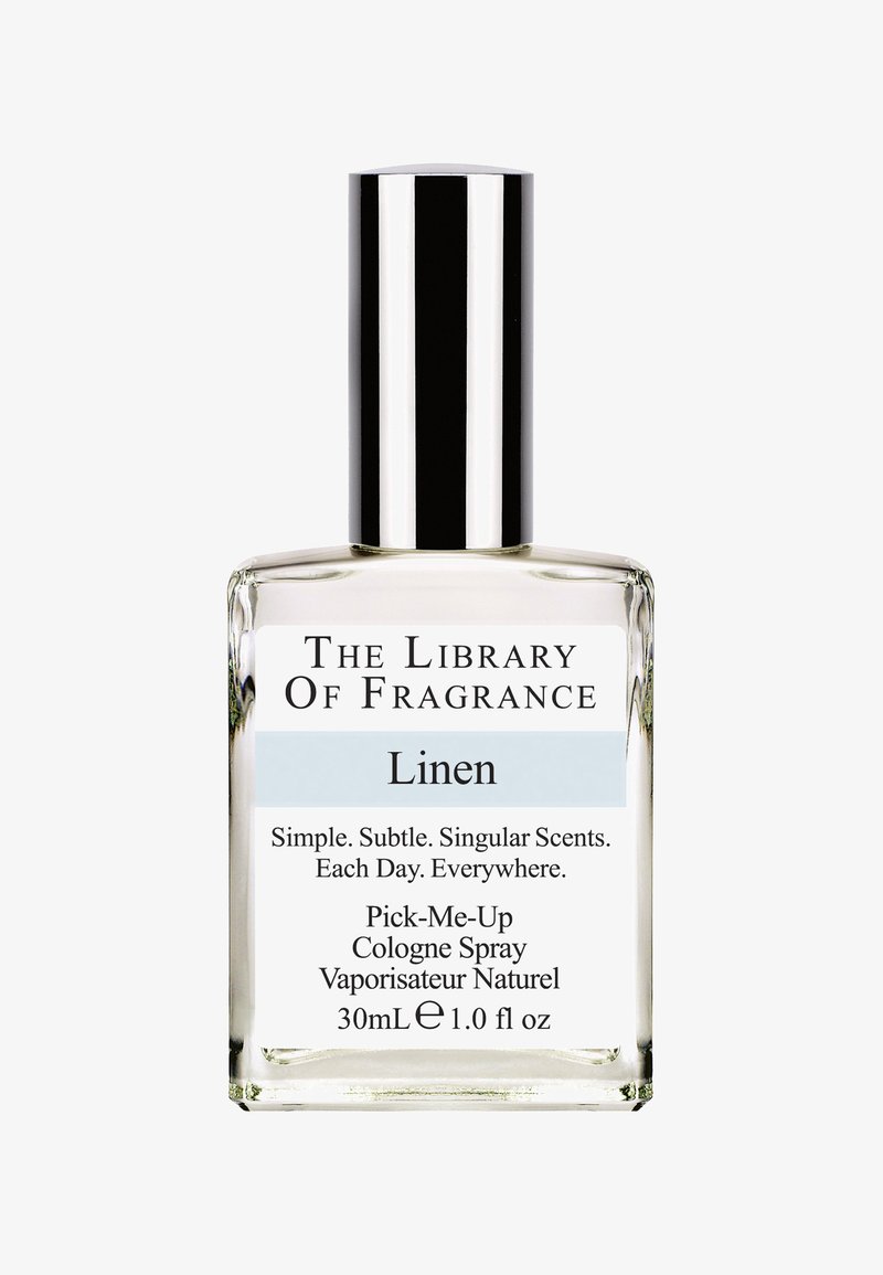 Przezroczysta szklana butelka na wodę toaletową z srebrną zakrętką, oznaczona etykietą "Linen". Zawiera 30 ml zapachu, charakteryzującego się lekkim, minimalistycznym designem.