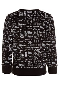 Czarny sweatshirt z nadrukowanym wzorem białych fraz związanych z muzyką, błyskawicami i grafikami gitarowymi. Żebrowane mankiety i dół.