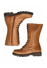 Bruine leren legerlaarzen met een hoge schacht, vetersluiting aan de voorkant, zijrits en een gestructureerde rubberen buitenzool. Met een gladde afwerking en stiksels.