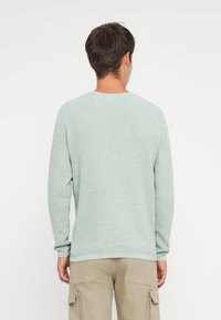 Φανέλα σ ε μέντα πράσινο χρώμα, με μακριά μανίκια, φτιαγμένη από υφασμάτινη πλέξη με υφή, χαρακτηρισμένη από στρογγυλή λαιμόκοψη και ριμπ μανσέτες, συνδυασμένη με καφέ cargo παντελόνια.