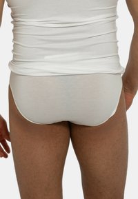 Slip in cotone bianco con una vestibilità aderente, caratterizzato da un sottile elastico bianco e una superficie liscia, visto da dietro con un design semplice.