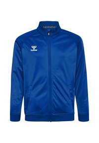 Blå idrottsjacka med ståkrage, dragkedjestängning, två sidofickor och vitt logotyp. Tillverkad av ett glatt, lätt tyg.