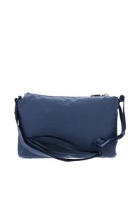 Marineblaue Umhängetasche aus strukturiertem Stoff mit Reißverschluss, verstellbarem Riemen und dezenten Musterakzenten.