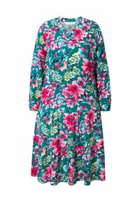 Vestido floral con mangas largas, escote en V y falda de volantes recogidos. Fabricado en un tejido azul verdoso con estampados florales en rosa y amarillo.