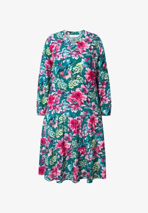 Kwiatowa sukienka z długimi rękawami, dekoltem w kształcie litery V i marszczonym, warstwowym dołem. Wykonana z tealowego materiału w różowe i żółte wzory kwiatowe.