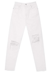 Jeans de mezclilla blanca con un diseño de piernas rectas, que presentan detalles desgastados en las rodillas y un estilo clásico de cinco bolsillos.