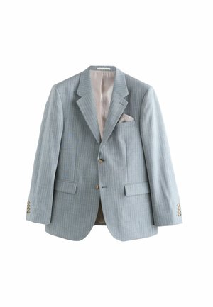 Blazer bleu clair à rayures fines avec un design à un bouton, des revers crantés et des boutons dorés. Comprend une poche intérieure et une doublure.