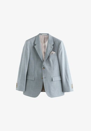 Hellblau gestreifter Blazer mit einreihigem Design, Reverskragen und goldfarbenen Knöpfen. Enthält eine Innentasche und ein gefüttertes Innenfutter.