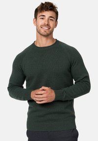 Pull en maille vert foncé avec des bords-côtes aux poignets et à l'ourlet, doté d'un col rond et de manches raglan ; fabriqué à partir d'un tissu texturé.