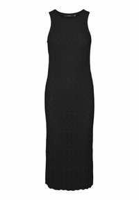 Černé pletené midi šaty bez rukávů s texturovaným vzorem ve tvaru zigzagu, hladkými okraji a přiléhavým střihem.