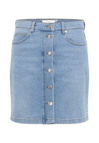 Svetlo modra denim krilo s prilegajočo silhueto, sprednjim gumbom za zapiranje, petimi žepi in kontrastnim šivom ob robu.