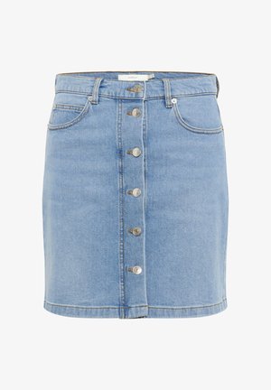 Hellblaues Denim-Rock mit schmaler Silhouette, Vorderknopfverschluss, fünf Taschen und kontrastierenden Nähten am Saum.