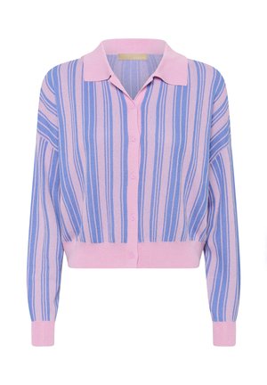 Neulottu neuletakki, jossa on pystysuoria raitoja vaaleansinisinä ja vaaleanpunaisina. Napillinen edusta, kauluksellinen pääntie ja joustinneulotut hihansuut. Lyhyt malli.