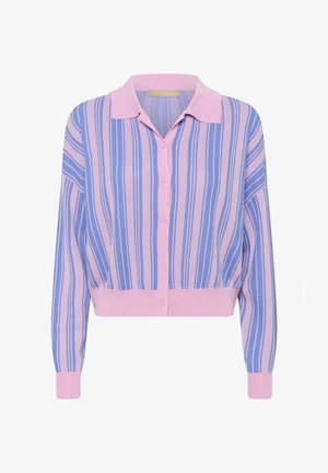 Kootud kardigan, millel on vertikaalsed triibud helesinises ja roosas. Nööbitav eest, kraega kaelus ja soonikkoes mansetid. Lühendatud lõige.