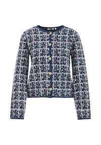 Navy and white checker-patterned cardigan with long sleeves, round neckline, and gold buttons down the front. Textured fabric throughout.