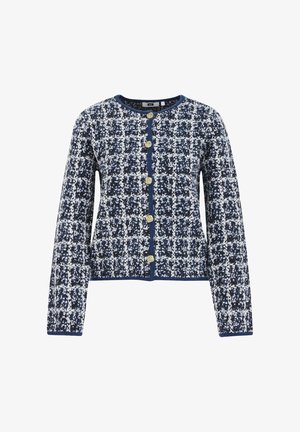 Jūrinės ir baltos spalvos languota kardiganas su ilgomis rankovėmis, apvaliu iškirpimu ir auksinėmis saga priekyje. Visas audinys su tekstūra.