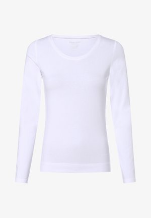Biała koszulka z długim rękawem wykonana z bawełny, z okrągłym dekoltem, dopasowanym krojem i gładką fakturą, bez wzorów ani akcentów.