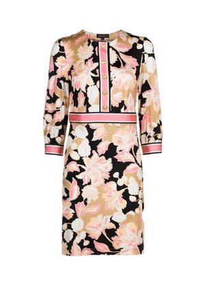 Musta, beige ja vaaleanpunainen kukkakuvioinen mekko, jossa on kolme neljäsosaa hihaa, kullanväriset napit edessä sekä vaaleanpunaisin reunuksin koristellut kalvosimet ja vyötärönauha.