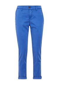 Blauwe broek van katoen-chambray met een rechte pijp, opgerolde manchetten en een knoopsluiting aan de voorkant. Heeft zijzakken en een gladde textuur.