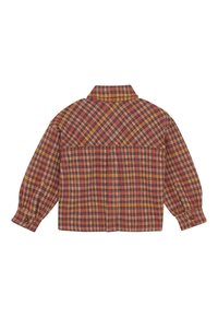 Checkered flannel shirt in brown, red, and yellow hues. Features a collar, long sleeves, and button accents on cuffs. Back view shown.