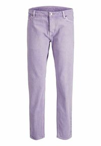 Calças de ganga lilás, com um design de perna reta, bolsos frontais, fecho com botão e detalhes de costura visíveis.