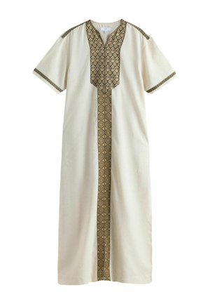 Beiges Kleid mit kurzen Ärmeln, V-Ausschnitt und aufwendiger goldener geometrischer Stickerei entlang der Vorderseite und Ärmel, aus leichtem Stoff gefertigt.