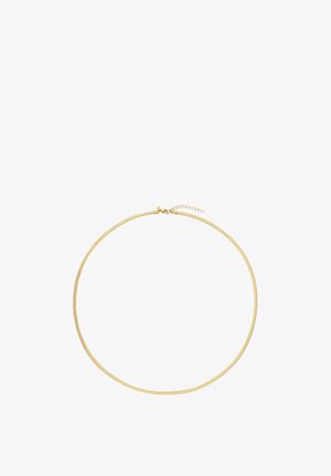 Dünne Goldkette mit kleinem verstellbarem Verschluss und Verlängerungskette auf weißem Hintergrund.