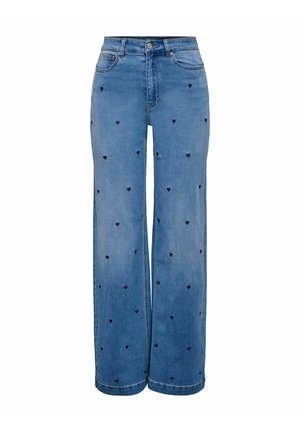 Lyseblå vide jeans med broderte små svarte hjerter, femlommers design, beltehemper og knappeåpning i midjen.