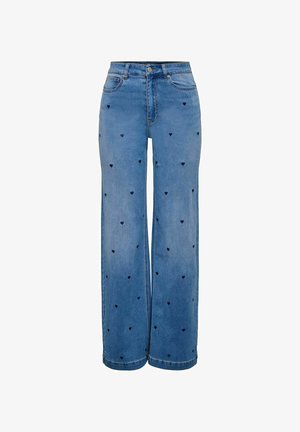 Šviesiai mėlyni platūs džinsai su išsiuvinėtomis mažomis juodomis širdelėmis, penkių kišenių dizainu, diržo kilpos ir mygtuko uždarymu juosmens srityje.