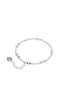 Pulsera de plata con eslabones circulares y piedras claras incrustadas. Incluye un cierre seguro y una cadena ajustable para el tamaño.