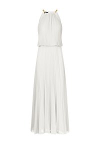 Weißes plissiertes Kleid mit einem Neckholder-Design. Verfügt über goldene Akzente an den Trägern und einen fließenden, strukturierten Rock.