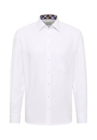 Witte lange mouwen shirt van katoen, met een puntige kraag, gestructureerde stof en een zak op de linkerborst met een geruite binnenkraag.