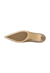 Escarpin nude à bout pointu avec une finition en cuir verni lisse, une silhouette élégante et une semelle en caoutchouc marron pour une meilleure adhérence et stabilité.