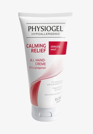Physiogel A.I. Handcreme Tube, weiß mit roten Akzenten, verfügt über einen Klappdeckel, eine glatte Textur und auffällige Beschriftungen für beruhigende Linderung.