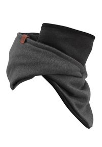 Gray wool headband with twisted design. Soft texture, layered structure, and black accents. Features a small leather logo tag.