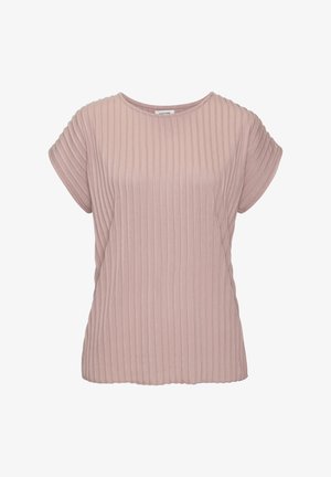 Helles rosa Top mit kurzen Ärmeln, vertikaler Rippung, rundem Ausschnitt und lockerer Passform. Weicher Stoff mit glatter Textur.