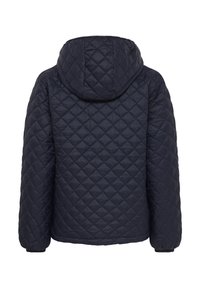 Teget prošivena jakna s kapuljačom, s uzorkom u obliku dijamanata i elastičnim rukavima. Mekana tekstura, dizajnirana za toplinu i udobnost.