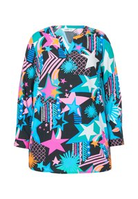 Tunique con scollatura a V e maniche lunghe in tessuto nero, con stampe audaci e colorate di stelle e forme geometriche in rosa, blu e arancione.