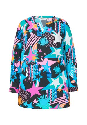 Zwarte V-hals tuniek met lange mouwen, voorzien van gedurfde, kleurrijke prints van sterren en geometrische vormen in roze, blauw en oranje.