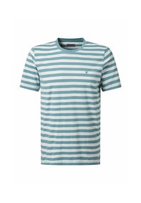 Turquoise en witte gestreepte t-shirt, korte mouwen, ronde halslijn, gemaakt van katoen, met een klein logo op de linkerkant van de borst.